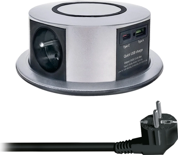 Solight bloc de prises escamotable à encastrer dans le plan de travail 3× 230 V + USB-A/USB-C PD 20 W avec recharge sans fil Qi 10 W, 2 m, argenté