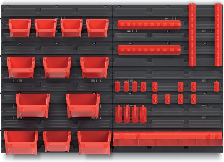 Panneau mural avec 12 bacs, jeu de crochets BINEER et étagère BINNER