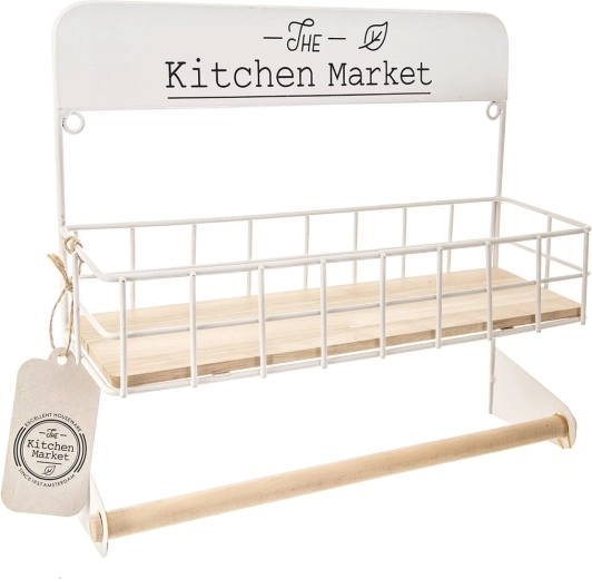 Support pour essuie-tout de cuisine en bois et métal, blanc