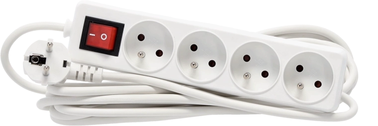 Multiprise parafoudre avec interrupteur, 4 prises, câble 5 m, blanc