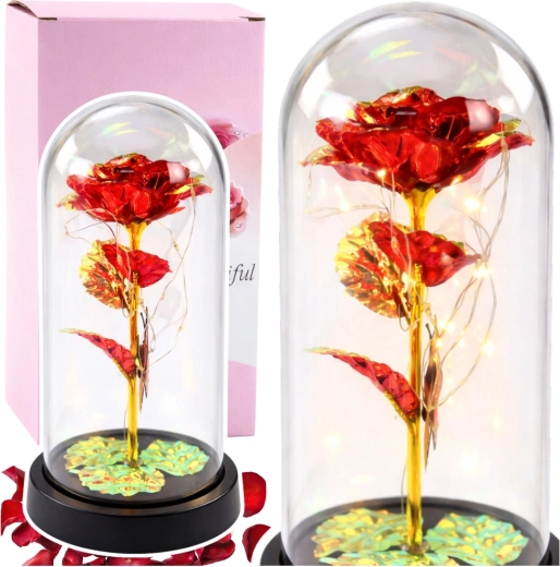 Rose rouge éternelle sous cloche en verre avec éclairage LED et papillon