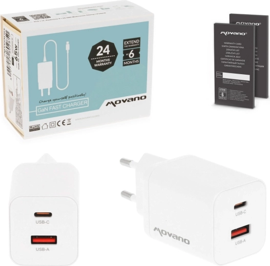 Chargeur Movano GaN 45 W USB‑C PD + USB‑A blanc
