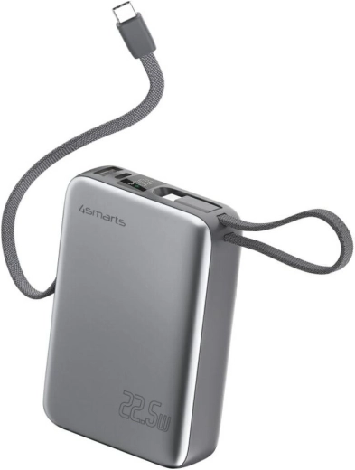 Batterie externe 4smarts Pocket Dual Cord 20000 mAh, 22,5 W, avec câble USB‑C intégré 15 cm, gris