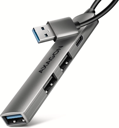 Axagon hue-sta hub USB en aluminium 4× ports (1× USB‑A 5 Gbps, 2× USB‑A 2.0, 1× USB‑C 2.0) avec câble de 12 cm