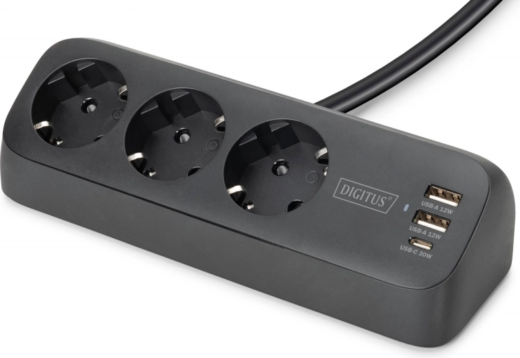 multiprise parasurtenseur de bureau avec 3 prises Schuko et USB-A/USB-C avec fixation par serre-joint, noir