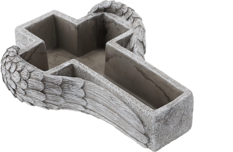 Jardinière funéraire en ciment avec relief de croix aux ailes, grise, 27,5 cm