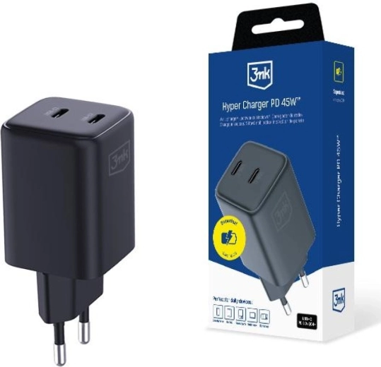 Chargeur secteur 3mk Hyper Charger GaN 45 W avec 2 USB-C noir