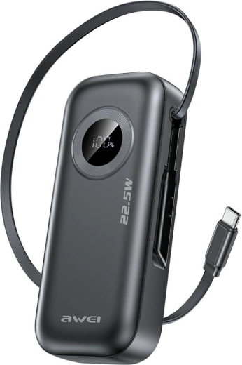 Powerbank Awei PA-9 10 000 mAh 22,5 W avec câble USB-C intégré noir