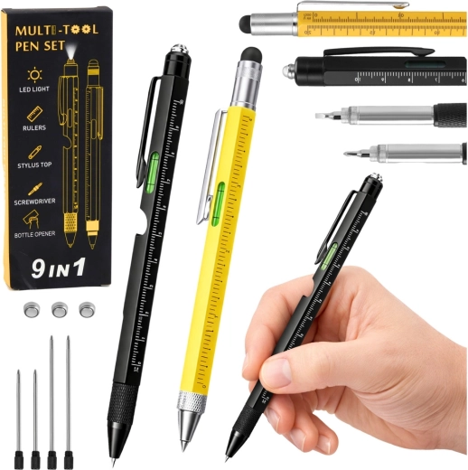 Ensemble de stylos métalliques multifonctions 9-en-1 avec lampe LED, niveau à bulle et tournevis – jaune et noir, 2 pièces