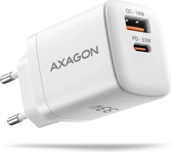 Chargeur secteur GaN AXAGON 33 W avec deux ports USB-C et USB-A, blanc