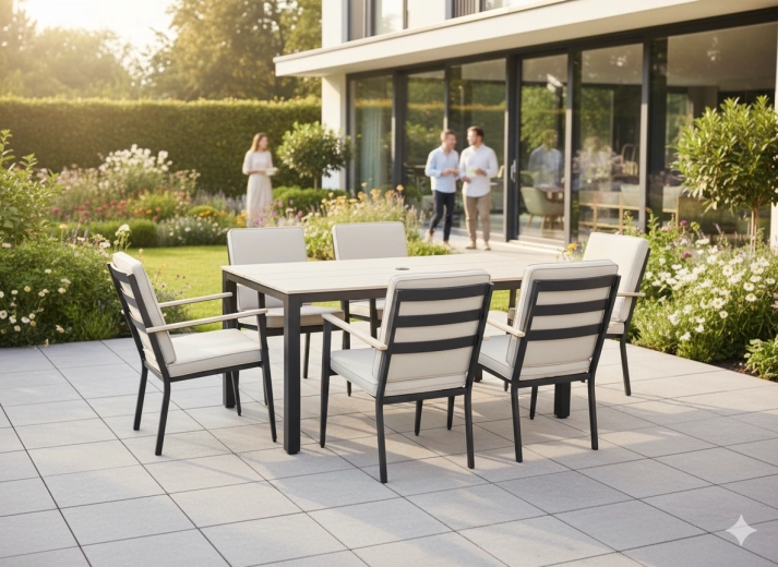 Table de repas pratique avec ouverture pour parasol
