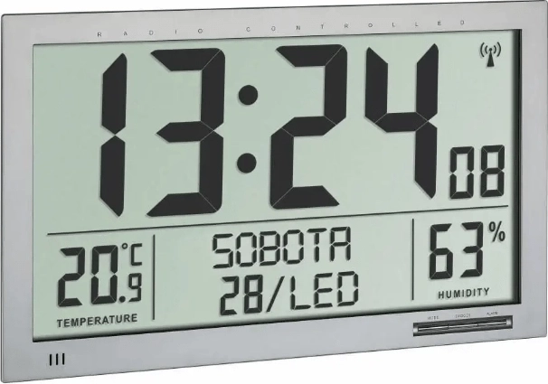 Grande horloge numérique TFA radiocommandée avec thermomètre et hygromètre, argentée