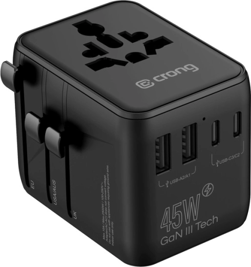 Adaptateur de voyage universel avec GaN III 45 W (UK/EU/US/AU), noir - 1 pièce