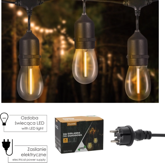 Guirlande LED de jardin FILAME de 20 m avec 20 ampoules E27, blanc chaud