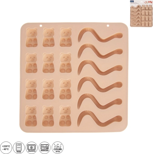 Moule en silicone pour bonbons gélifiés oursons et vers, 18 formes, beige