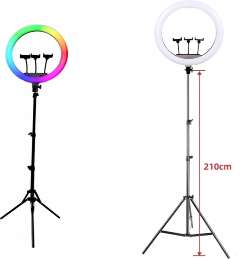 Anneau lumineux LED RGB sur trépied avec 3 supports de téléphone (45 cm)