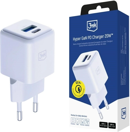 Chargeur secteur 3mk Hyper GaN 20 W USB-A et USB-C blanc