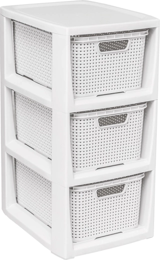 Étagère blanche au design en rotin avec 3 tiroirs