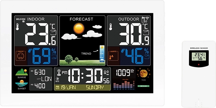 Station météo Solight avec écran LCD couleur extra-large, mesure de la température, de l’humidité et de la pression, heure RCC et chargement USB, blanche