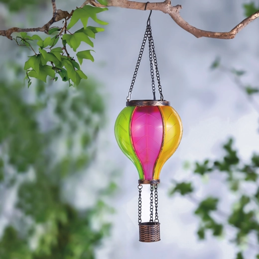 Lampe solaire suspendue en forme de montgolfière avec effet de flamme