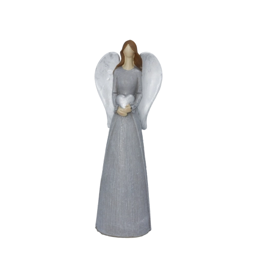 Figurine de Noël grise représentant un ange avec un cœur