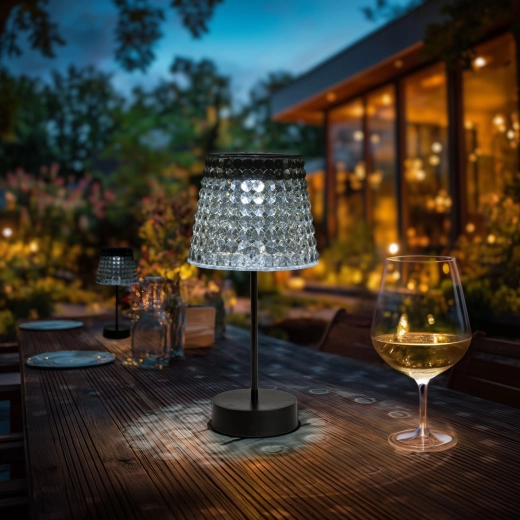 Lampe de table solaire endommagée avec abat-jour fumé et LED blanc froid
