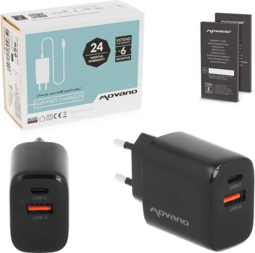 Chargeur secteur Movano GaN 20 W USB-C PD + USB-A noir