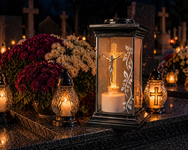 Lanterne funéraire solaire avec croix LED 28 cm