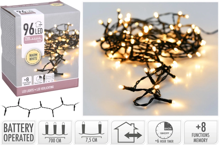 Guirlande lumineuse LED de Noël 7 m, 96 LED, blanc chaud, 8 fonctions, IP44