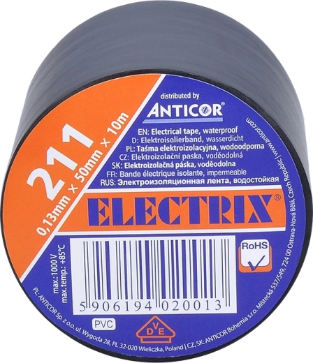 Ruban isolant électrique Solight 50 mm × 0,13 mm × 10 m noir