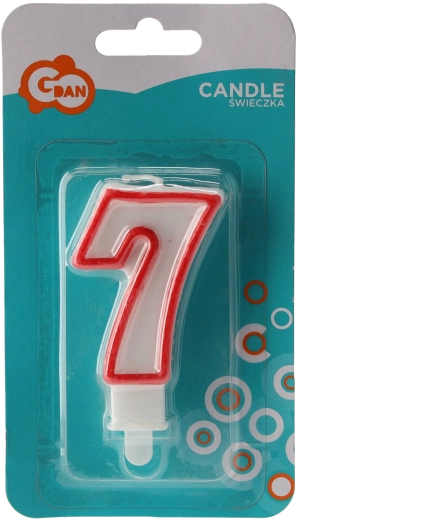Bougie d’anniversaire chiffre 7 – blanche avec bord rouge, avec support