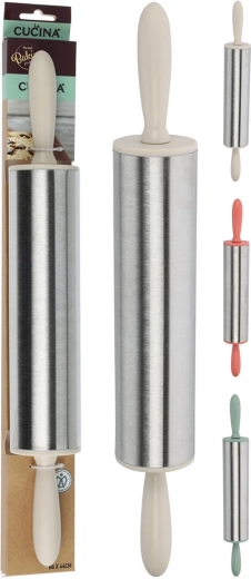 Rouleau à pâtisserie en acier inoxydable à deux mains 44 × 6 cm avec poignées en plastique