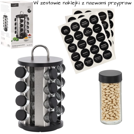 Support rotatif rond pour épices avec poignée, 16 pots en verre, noir-argent, 17,5 × 33 cm