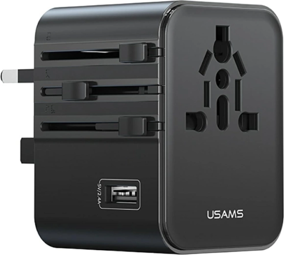 Adaptateur de voyage universel et chargeur USAMS 17 W (2× USB‑C + USB‑A) 4‑en‑1 US/AU/EU/UK, noir