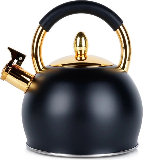 Bouilloire Vilde en acier inoxydable avec sifflet, noire avec éléments dorés, 3 l