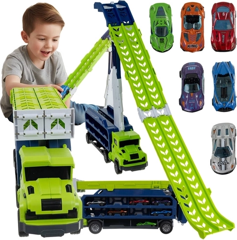 Iso Trade camion – piste de descente avec 6 petites voitures en métal