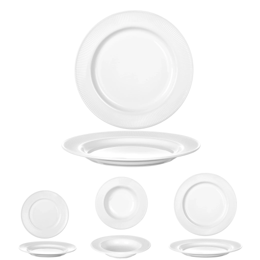 Ensemble de 18 assiettes blanches en verre opale avec bord strié