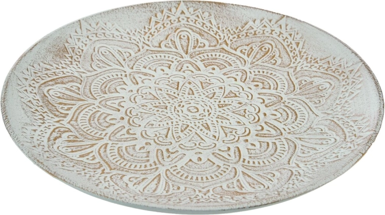 Plateau rond décoratif en bois blanc avec détails dorés 40 cm