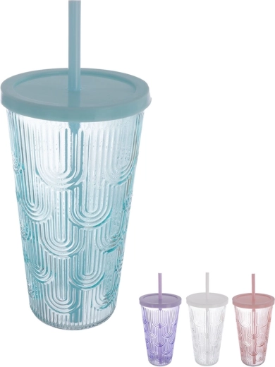 Verre avec couvercle en plastique et paille 0,48 l – assortiment de couleurs