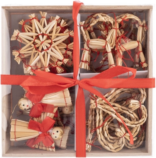 Ornements en paille dans un panier – 24 pcs