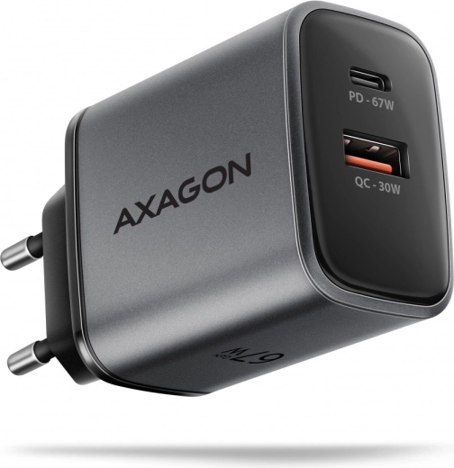 Chargeur secteur AXAGON GaN 67W avec USB‑C Power Delivery et USB‑A Quick Charge, 2 ports