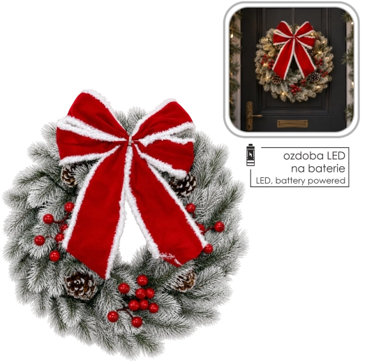 Couronne de Noël à LED de 34 cm, blanche et verte, avec nœud