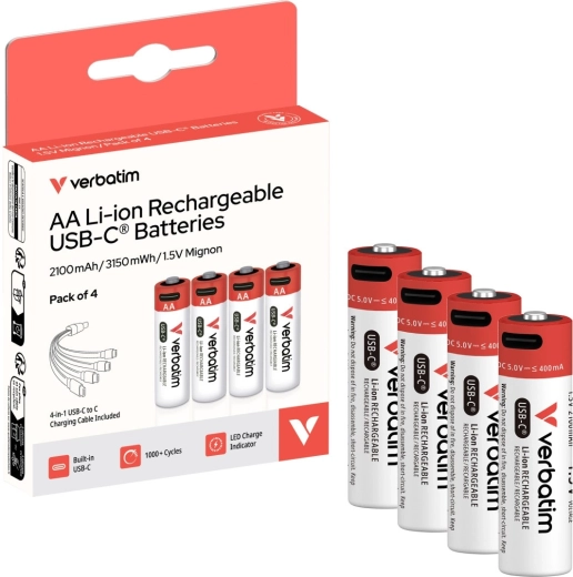 Accumulateurs rechargeables Verbatim AA USB-C 2100 mAh avec câble - 4 pièces