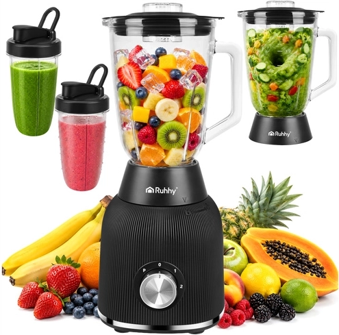 Blender de table pour smoothies Ruhhy 1200 W avec bol en verre et 2 bouteilles de voyage