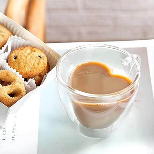 Tasse en verre en forme de cœur 250 ml à double paroi, verre borosilicaté résistant à la chaleur