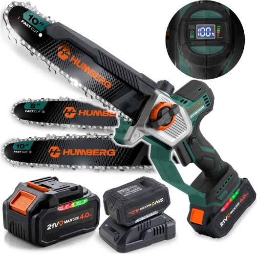 Tronçonneuse à chaîne sur batterie Humberg HM-437 21 V 4,0 Ah avec guide 10" et 8"
