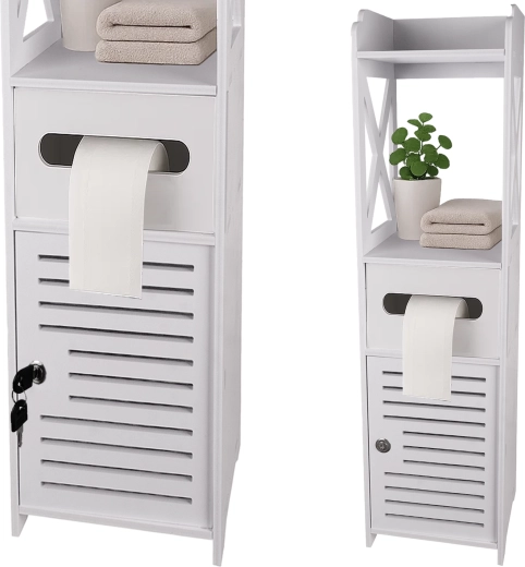 Armoire de salle de bain Ruhhy avec distributeur de papier toilette et serrure à clé, blanche