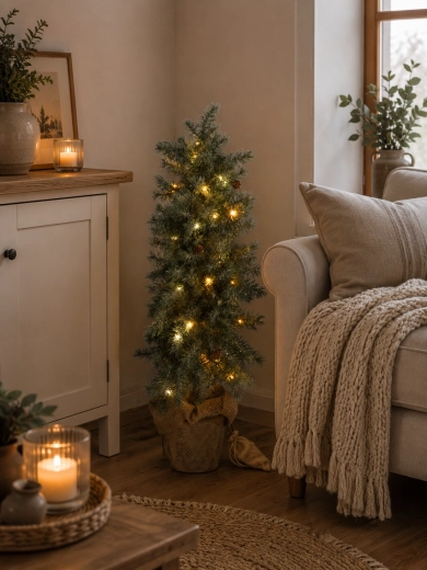 Sapin de Noël artificiel 85 cm en pot avec effet neige et éclairage LED - 1 pièce