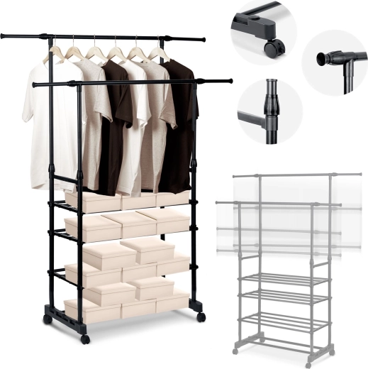 Portant à vêtements MASSIDO sur pied, noir, XXL avec hauteur réglable et étagères