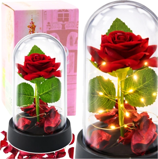 Rose rouge éternelle sous cloche en verre avec éclairage LED